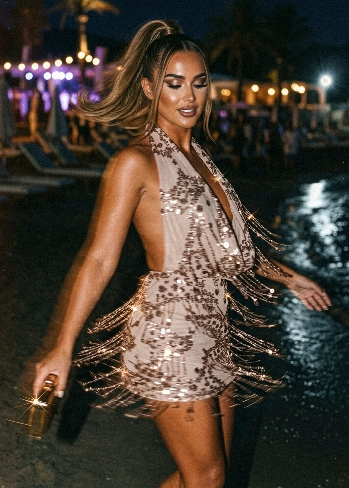 New Vibrations Cowl Tassel Mini Dress - Brown - Image 2