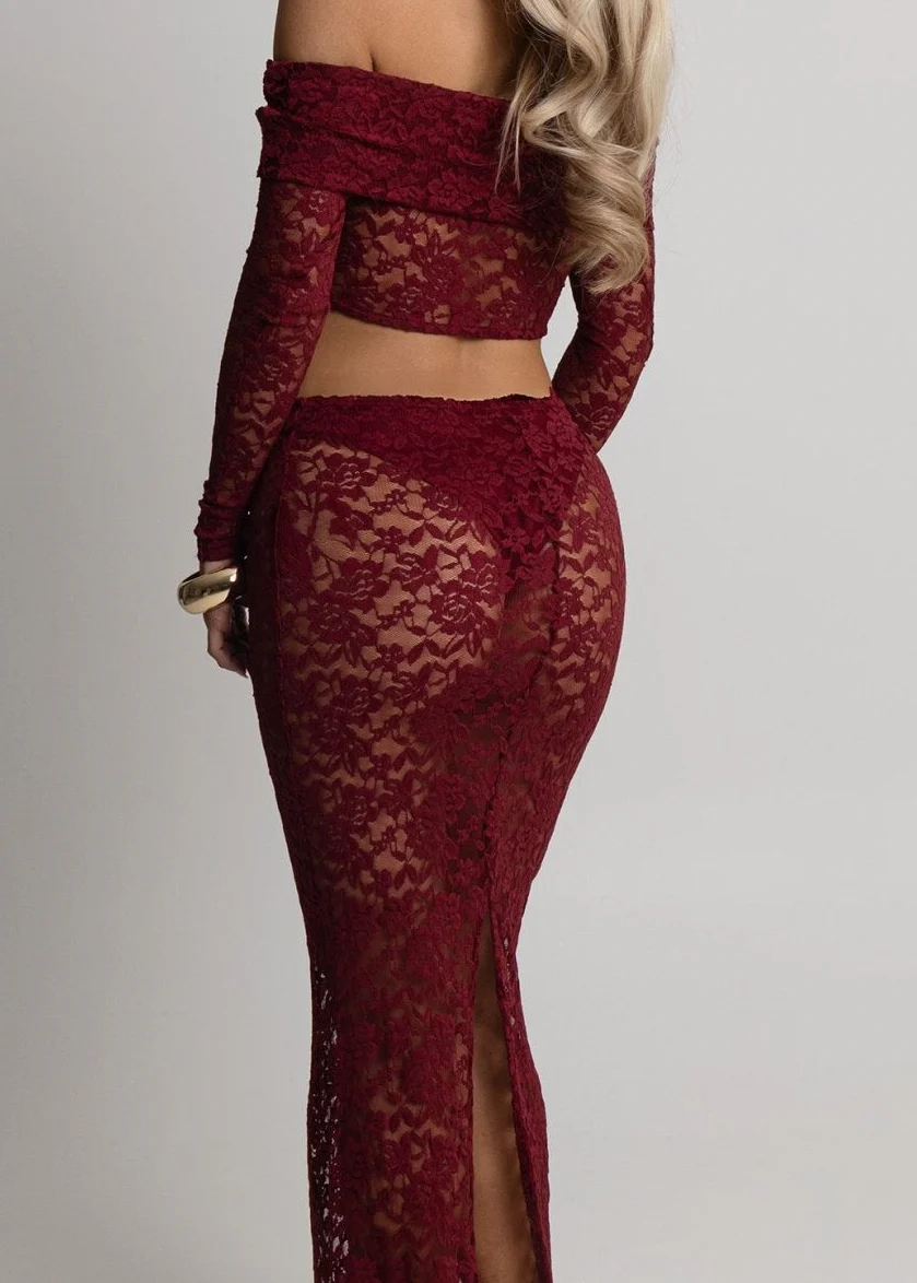 Opulent Dreams Lace Two Piece - Burgundy - Image 2