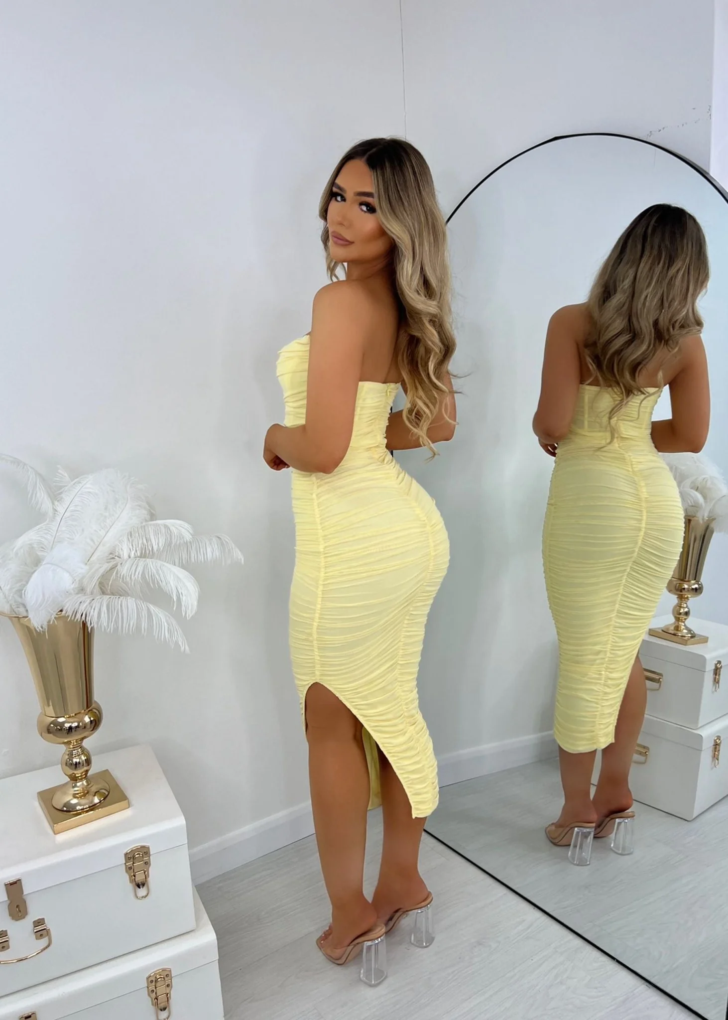 Pretty Moment Ruched Midi Dress - Pastel Yellow - Image 3
