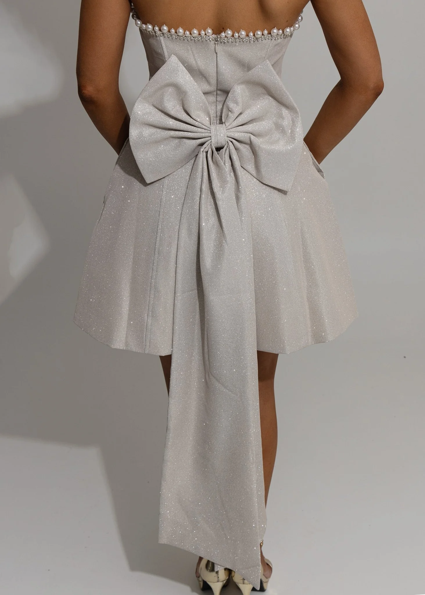 Sparkle Energy Bow Mini Dress - Champagne - Image 7