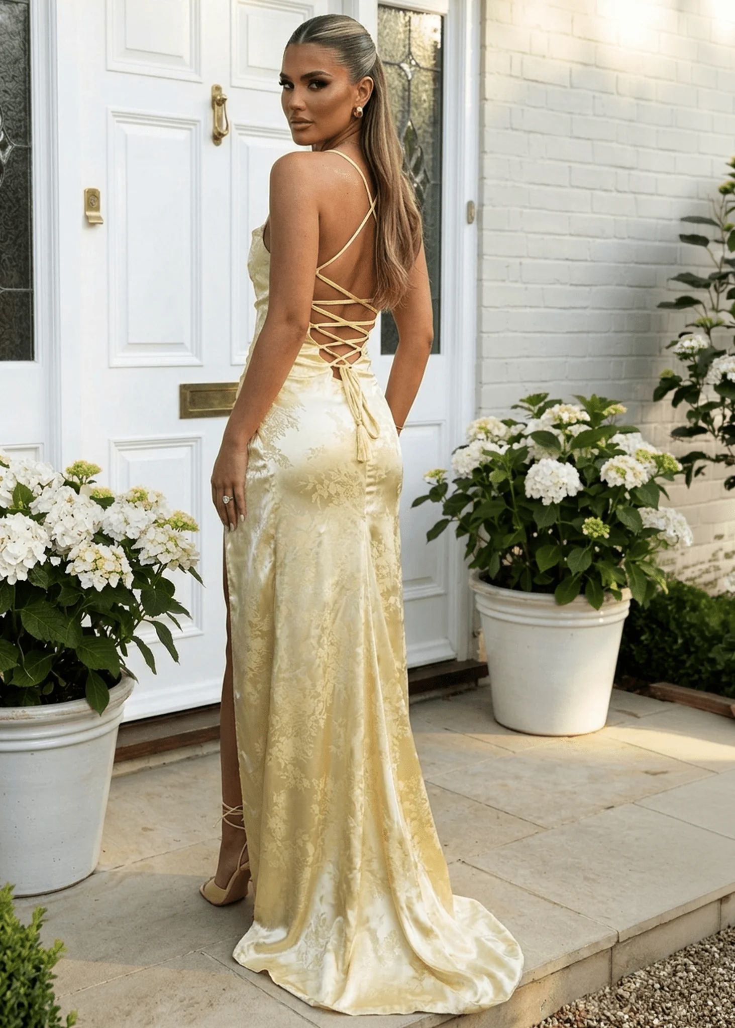 Worth Waiting For Cross Back Gown - Jacquard Yellow